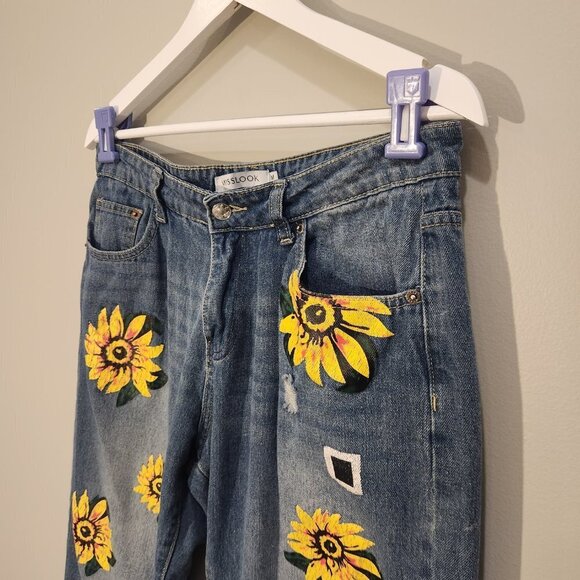 MISSLOOK Painted Sunflower Denim Ankle Boyfriend Jeans - Size M - Picture 3 of 6